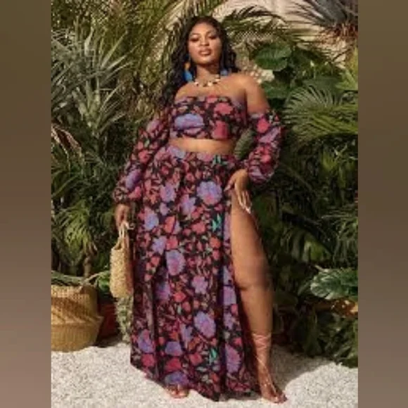 SHEIN SXY Plus Floral Off The Shoulder Top & Split Thigh Skirt Set 1X - Picture 2 of 7